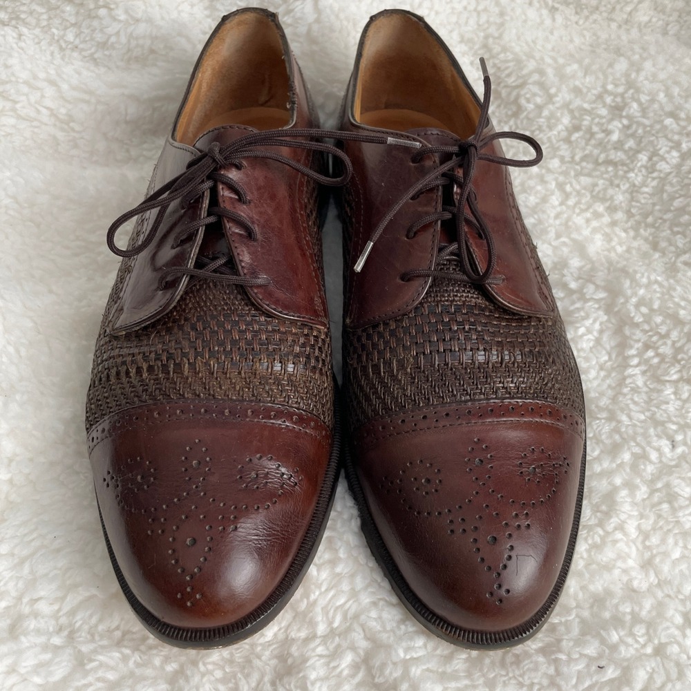 Johnston & Murphy Leather Men Size 8.5 Cellini Woven Oxford Brown Shoes